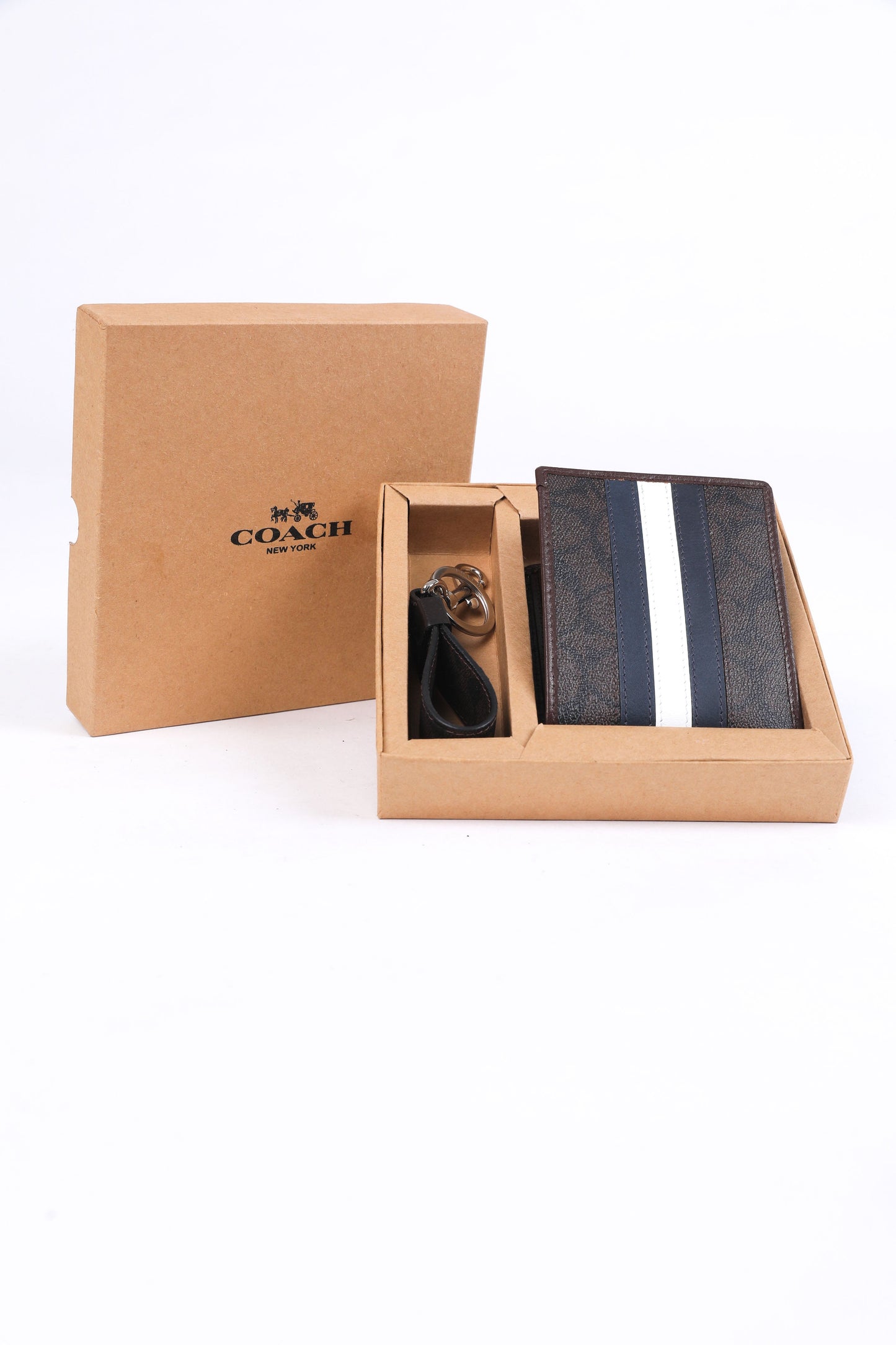 Coach Signature Stripe Bifold Wallet & Keychain Set (Brown)