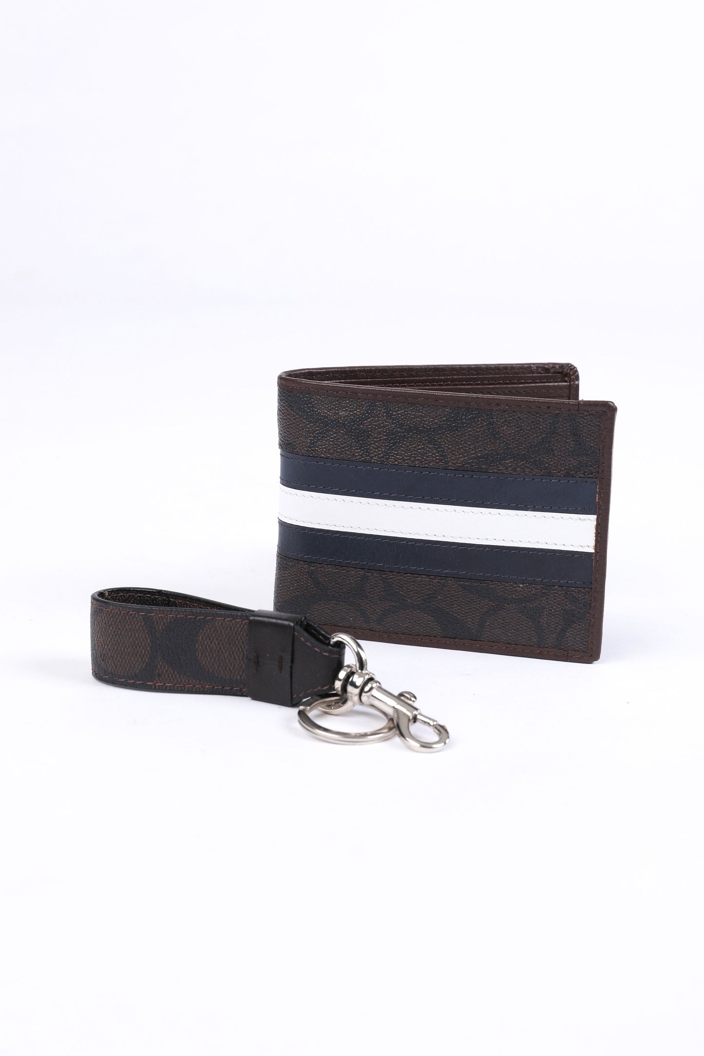 Coach Signature Stripe Bifold Wallet & Keychain Set (Brown)
