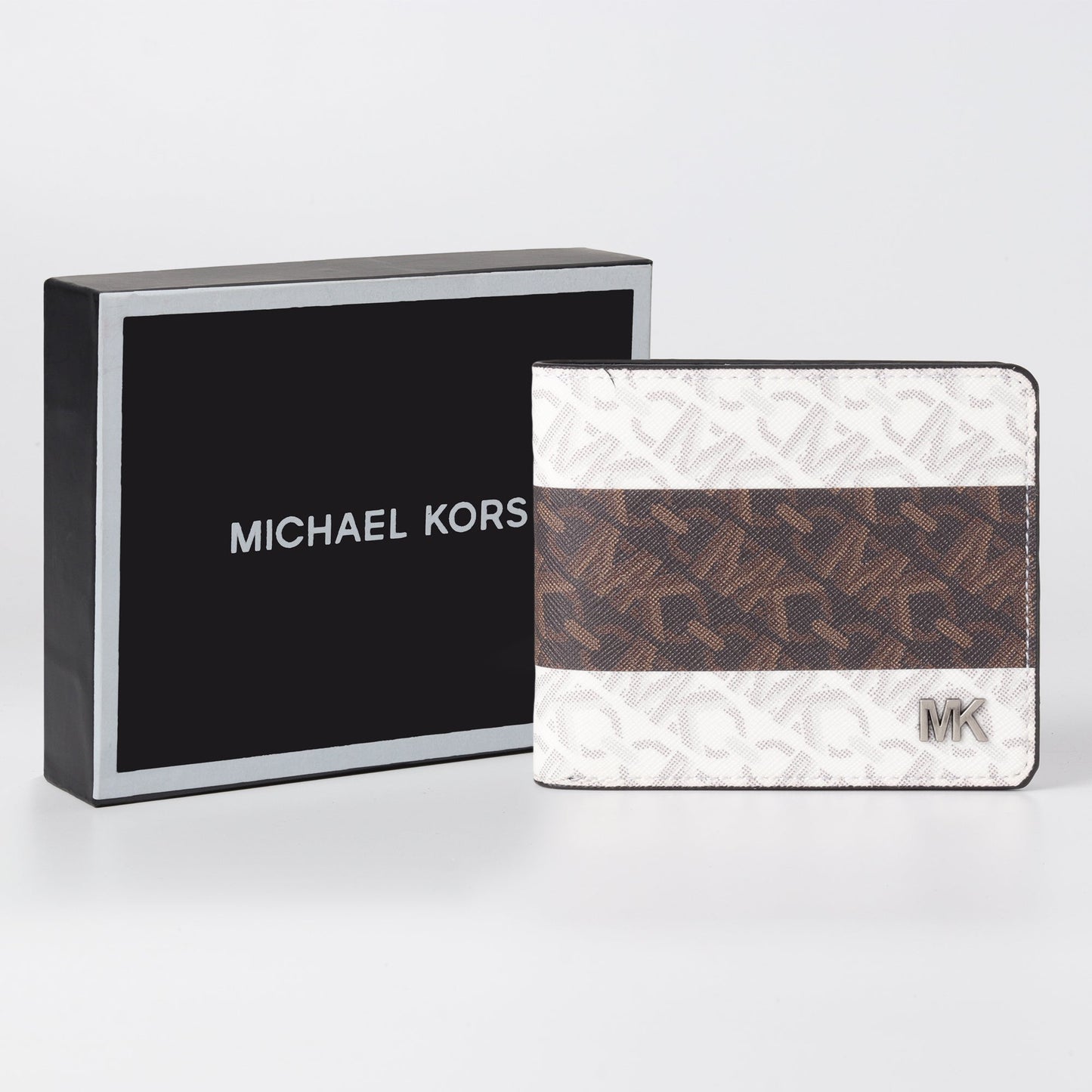 Monogram Stripe Wallet in White & Brown