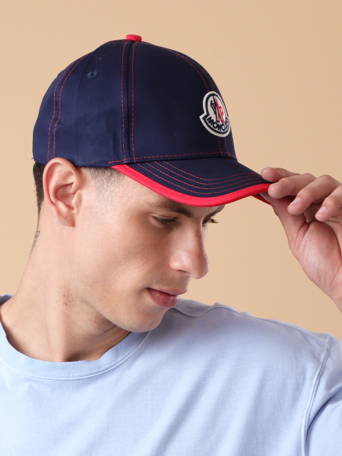 Navy Blue & Red Contrast Stitch Baseball Cap
