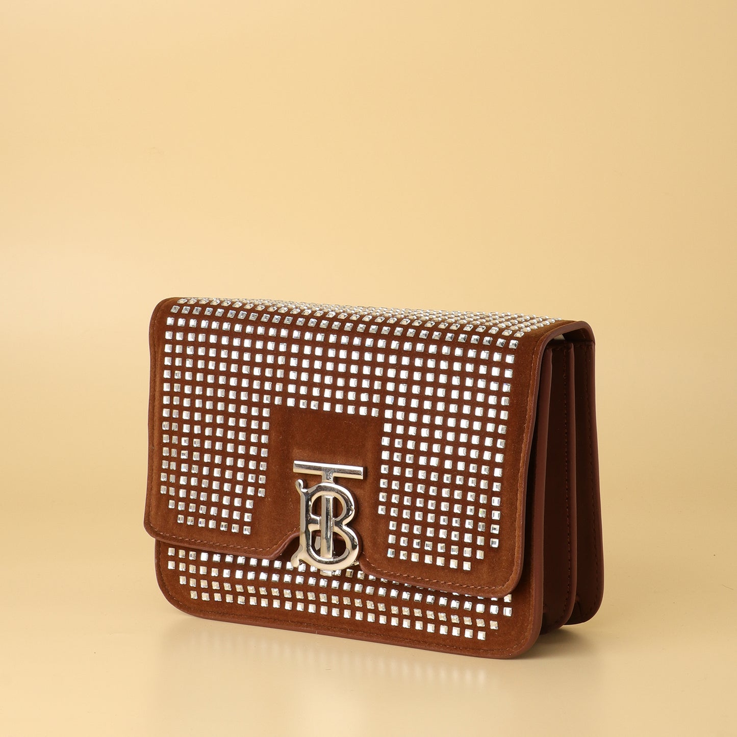 TB Monogram Studded Suede Chain Bag in Chestnut Brown