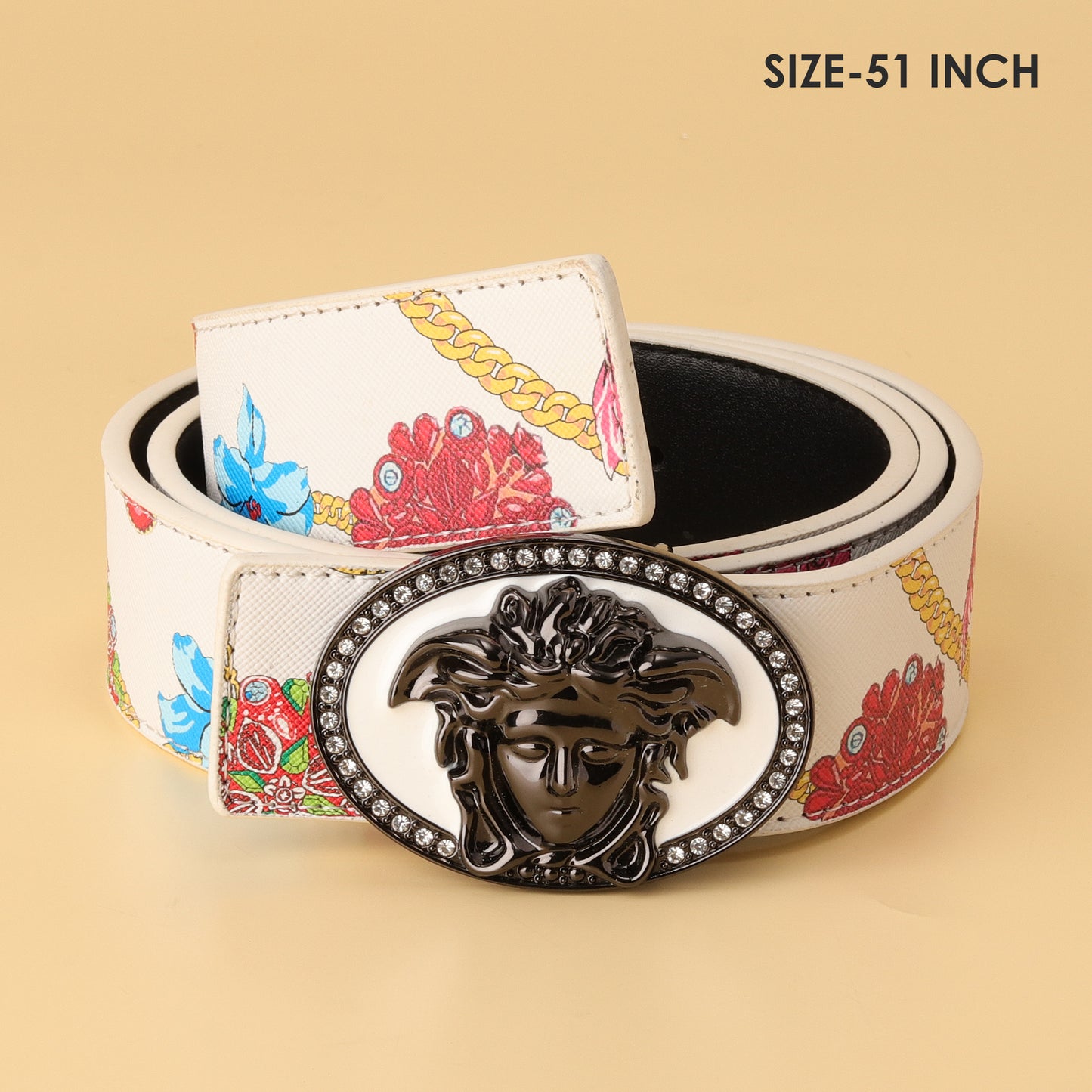 White Medusa Buckle Belt with Jewel Print