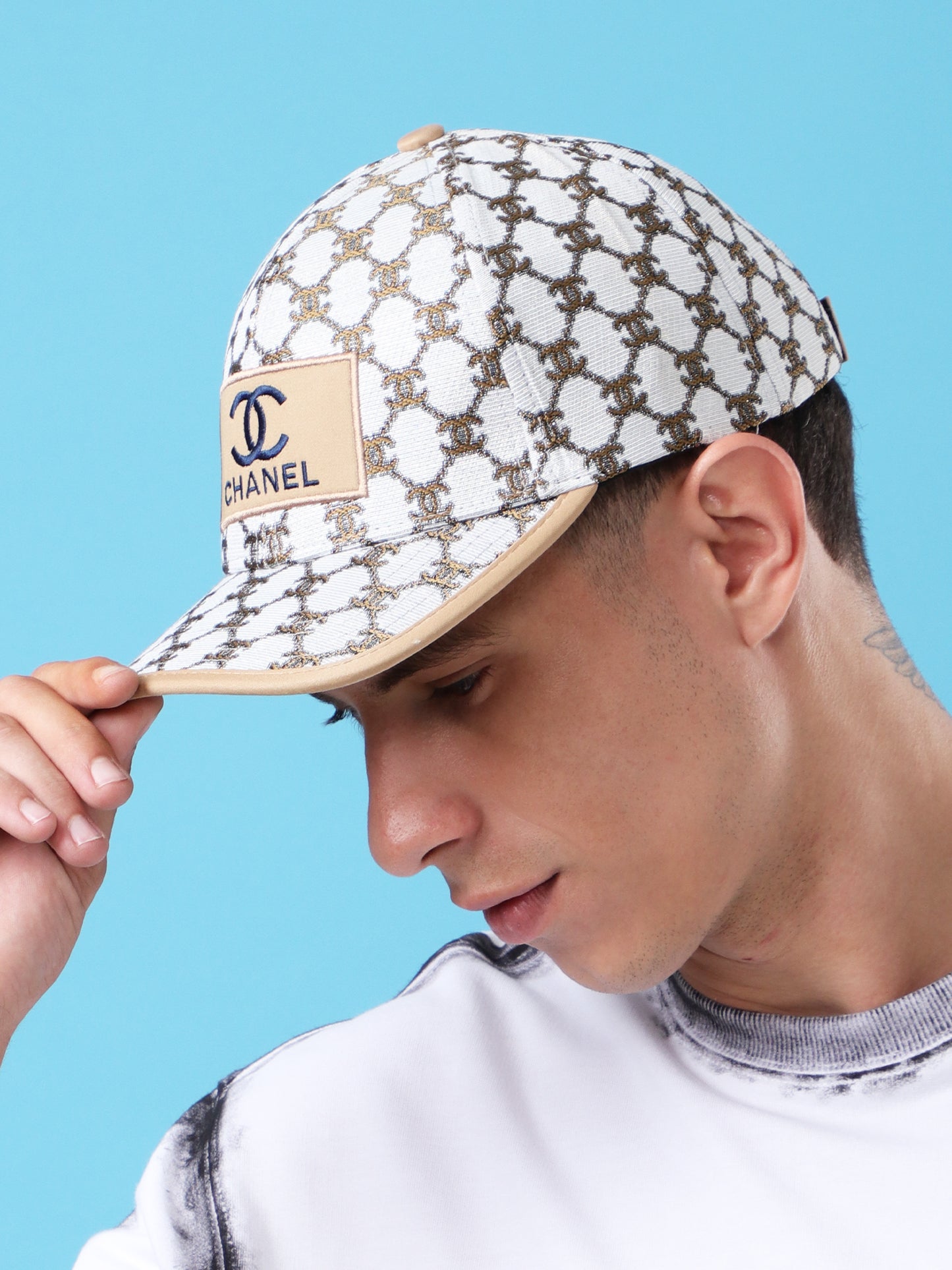 Chanel Monogram Embroidered Beige & White Baseball Cap