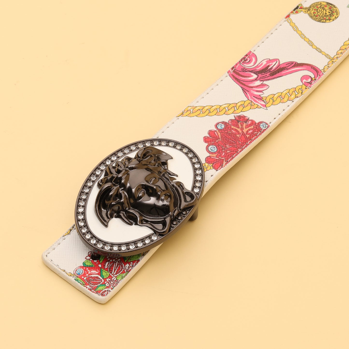 White Medusa Buckle Belt with Jewel Print