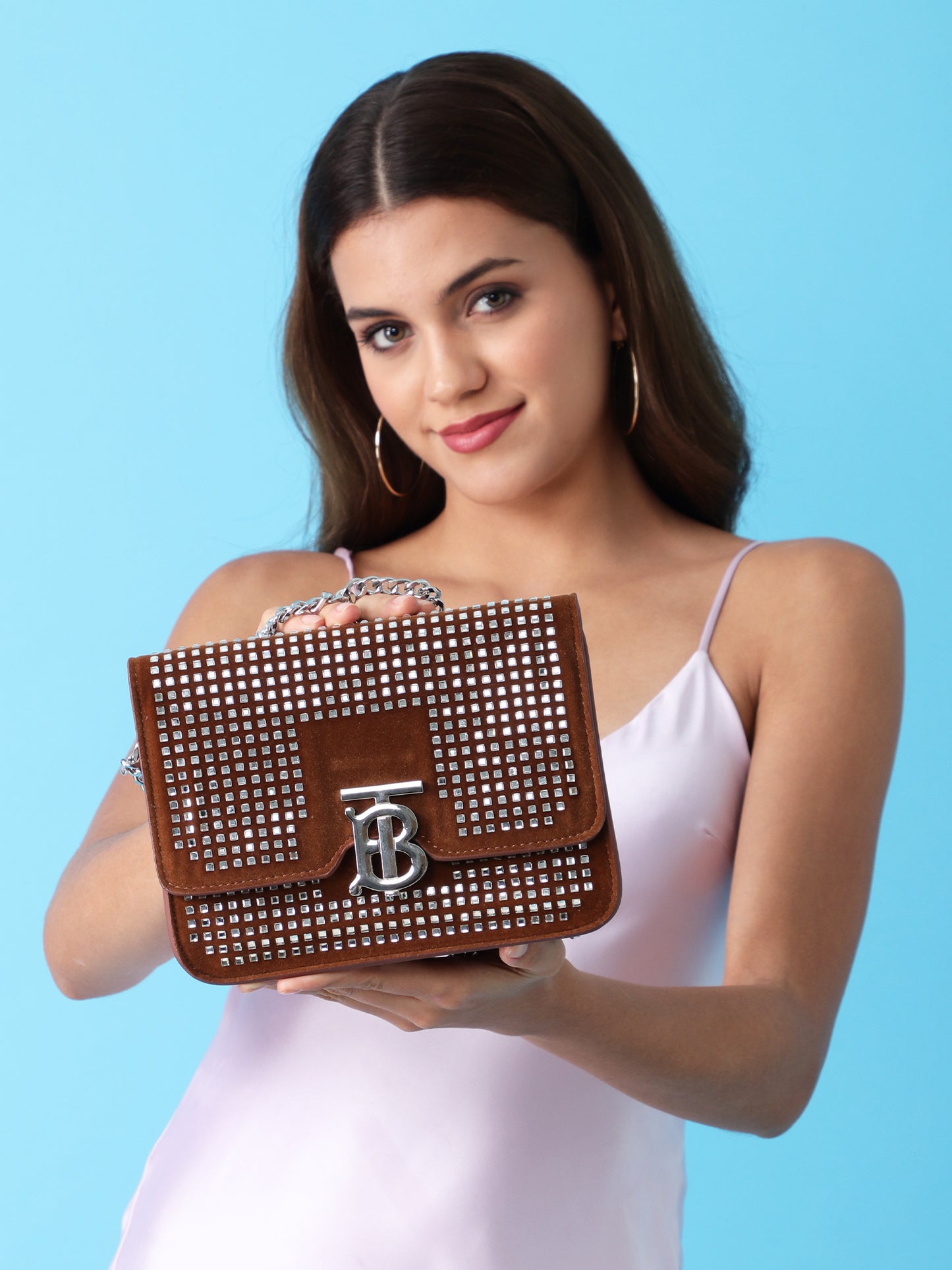 TB Monogram Studded Suede Chain Bag in Chestnut Brown