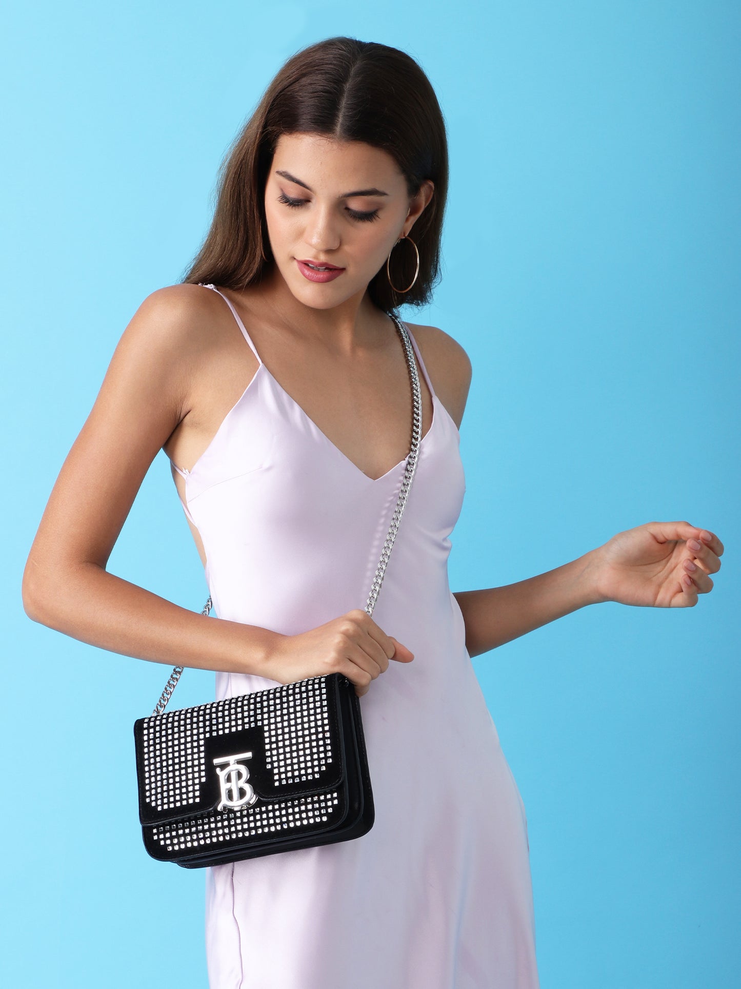Burberry TB Studded Velvet Chain Bag in Black