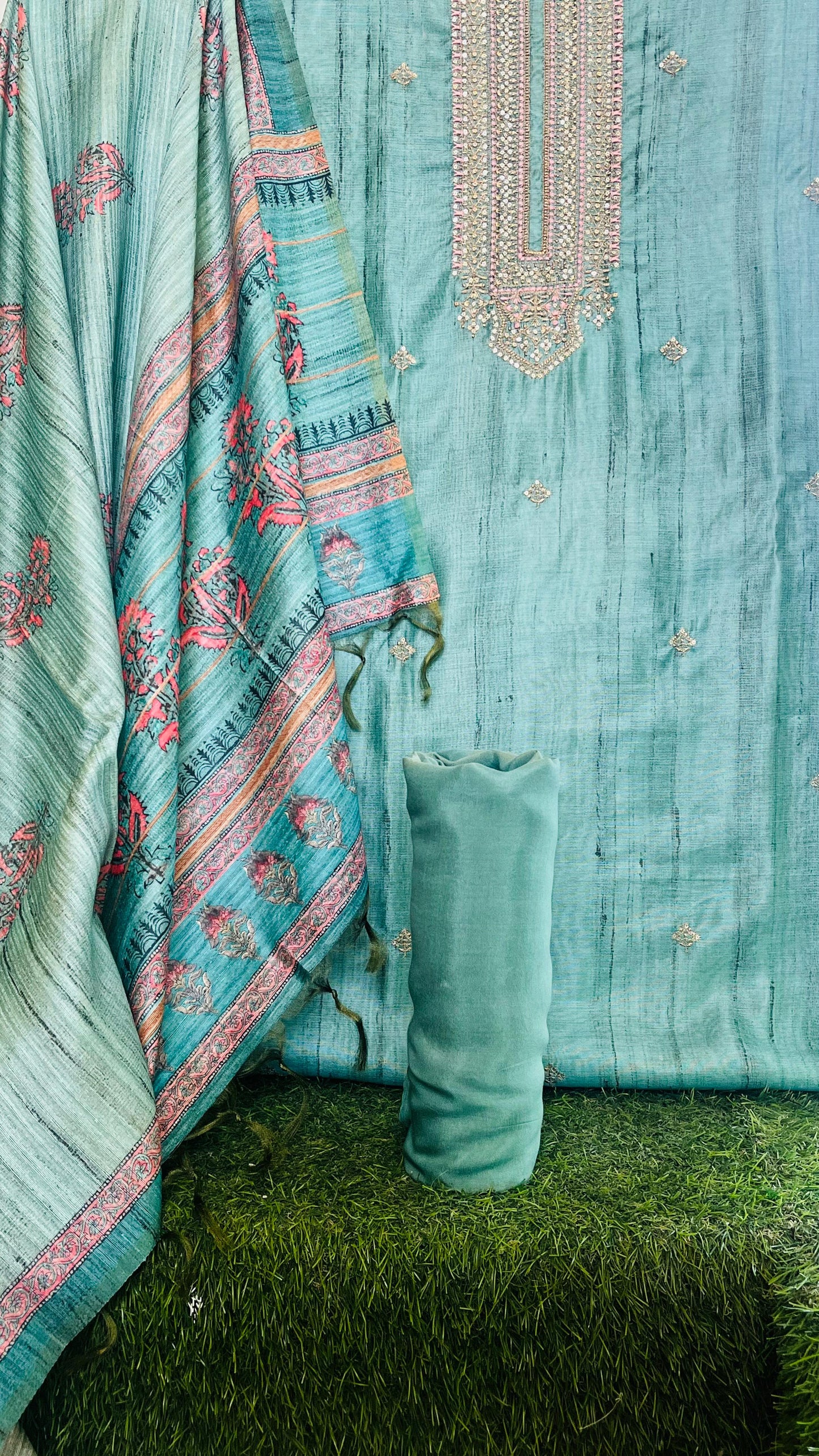 Sea Green Chanderi Silk Unstitched Suit