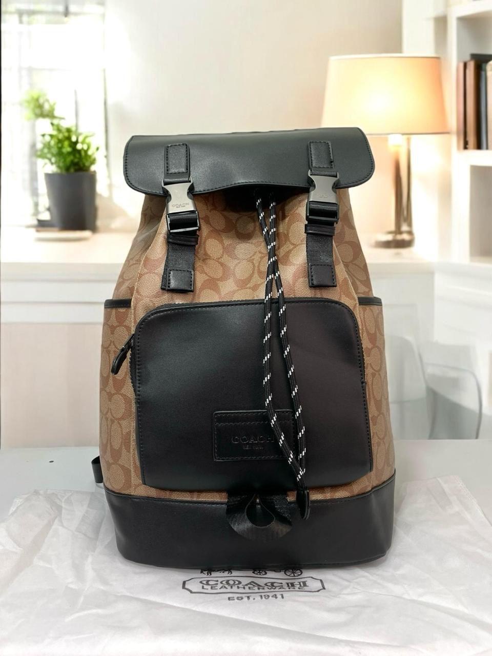 Coach League Flap Backpack (Beige & Black)