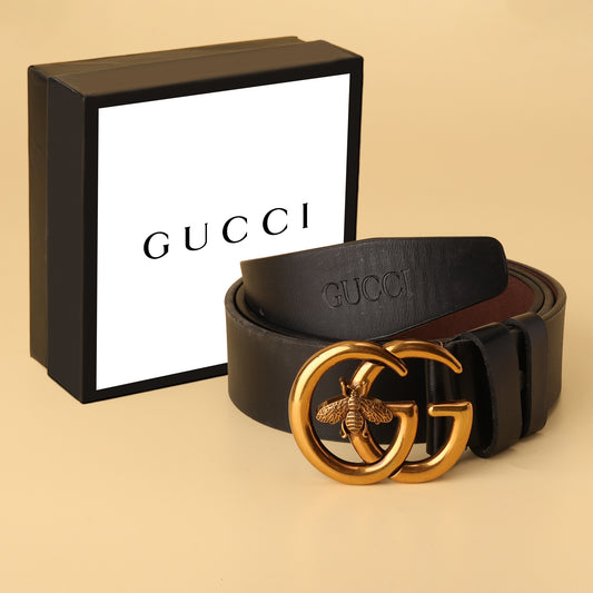 Leather Belt with Double G Bee Buckle