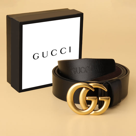 Black Leather Belt with Iconic Double G Buckle