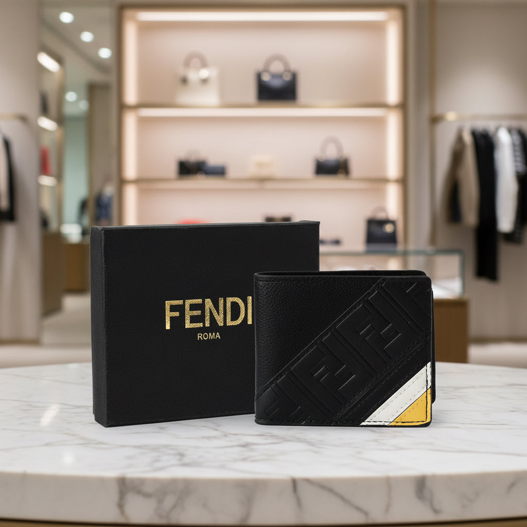 Black Fendi wallet with geometric design next to a black box with 'Fendi' branding on a light blue background