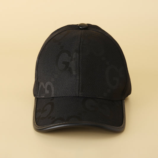 Sleek Black 'GG' Pattern Cap - Textured Design & Faux Leather Brim