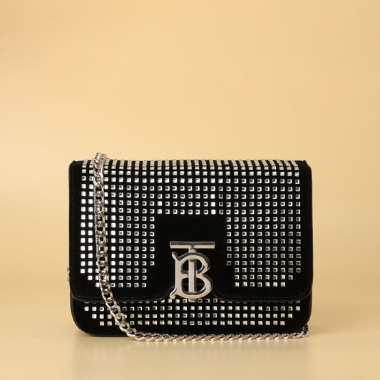 TB Monogram Studded Velvet Shoulder Bag