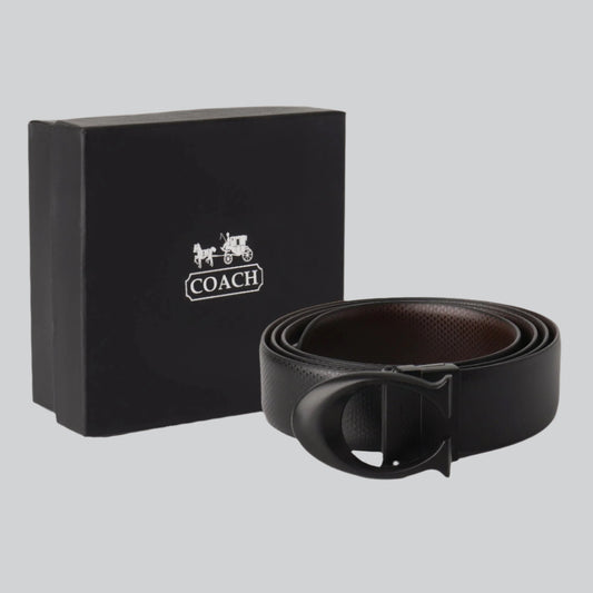 Coach belt with black box on a white background