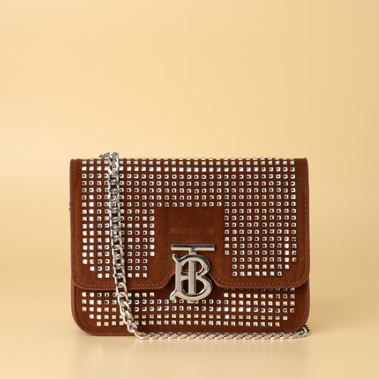 TB Monogram Studded Suede Chain Bag in Chestnut Brown