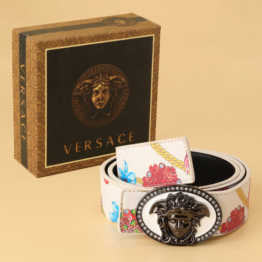 White Medusa Buckle Belt with Jewel Print