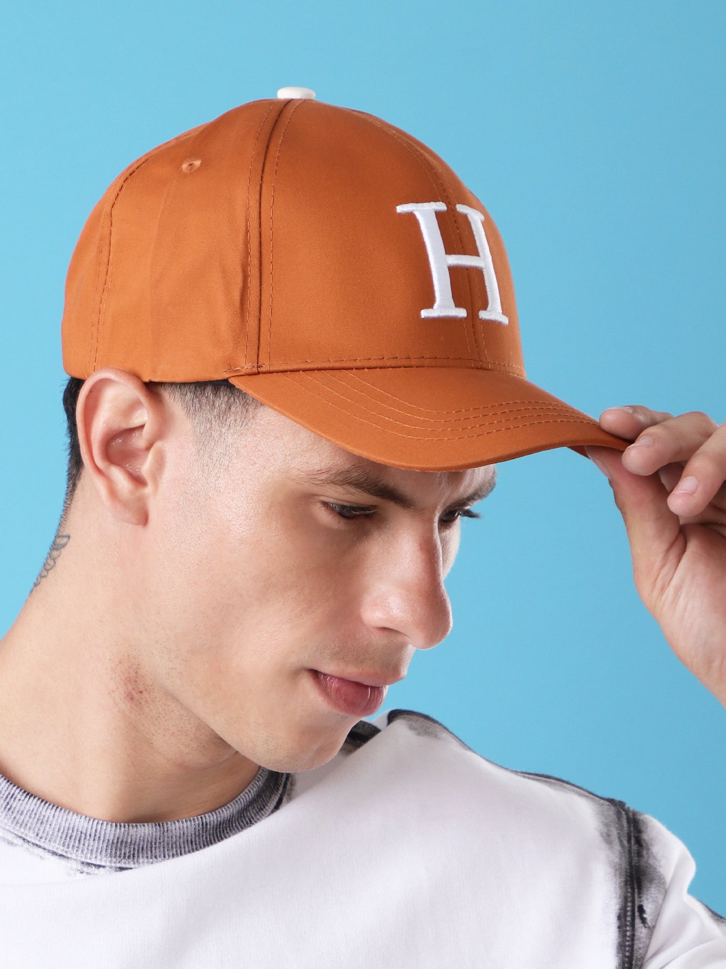 Brown Baseball Cap with Embroidered H