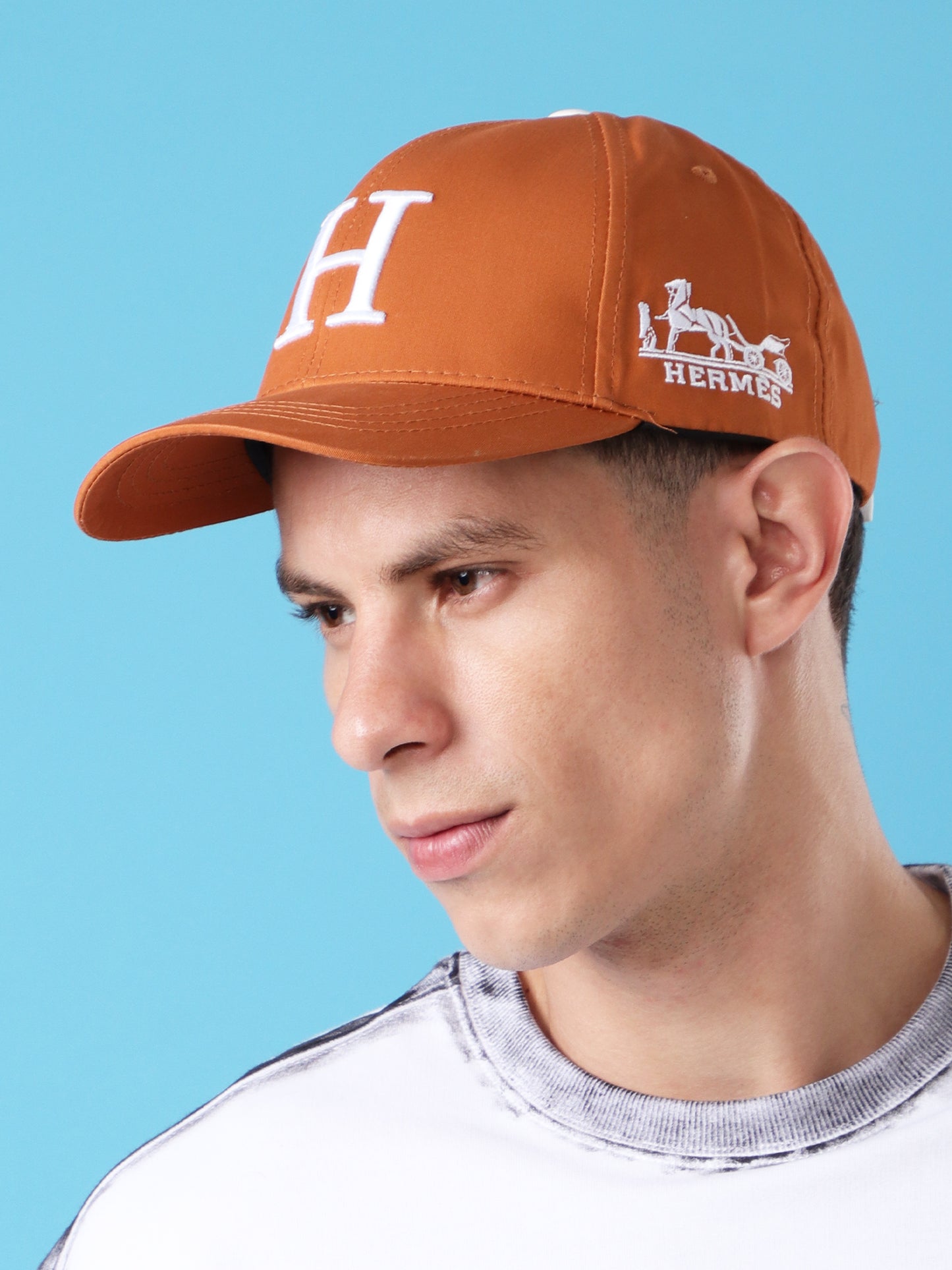 Brown Baseball Cap with Embroidered H
