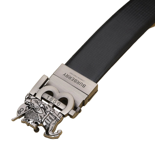Black belt with a silver Burberry buckle on a beige background